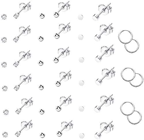12 Pairs Tiny Earrings CZ Round Stainless Steel Stud Hoops Earrings Set for Men Women Silver Tone