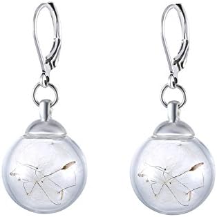 WeiVan Dandelion Stud Earrings with Glass Orbs Filled Real Dandelion Seeds