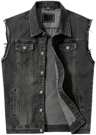 PRIJOUHE Men's Denim Vest Jean Vest Black Denim Motorcycle Black