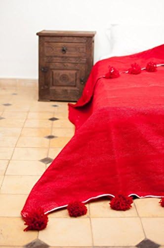 Rouge. Moroccan Pom Pom Blanket Throw, Quilt, Bedding, Cotton. X-Large (94 x 118 inches / 2.4 x 3 m)