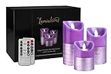 Giftable Decorative Flameless Candles Flickering LED | Battery Operated Electric Pillar Candle | Realistic Moving Flame Flicker with 2 Remote Controls & Timer | Real Wax Purple Trim | Great Home Decor
