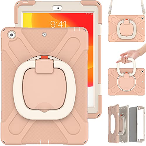 Commute Case for iPad 9.7 2017/2018, Heavy Duty Shockproof Kids Case with Screen Protector 3 in 1 Shockproof Bumper with 360° Ring Holder Stand Carrying Strap (Pink)