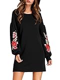 Romwe Women's Casual Floral Embroidered Lantern Long Sleeve Mini Dress