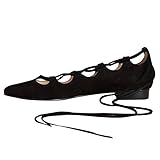 Onlymaker Ladies Flat Pumps Lace Up Decorartion Pointed Toe Shoes Black Suede US6