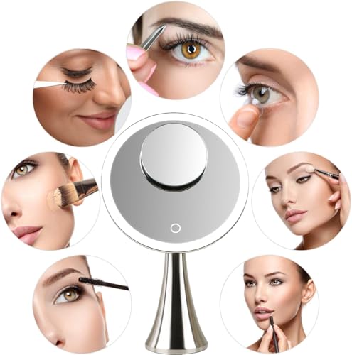 Surdy 9" Lighted Makeup Mirror, Vanity Mirror with Lights,4000 mAh Rechargeable,5x/10x Magnifying Mirror with 3 Color, Brightness Adjustable,360° Rotation Mirror, Women Gift