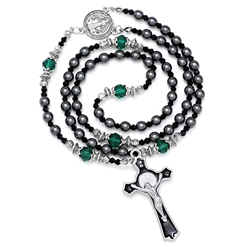 Komi 6mm Hematite Rosary Beads Necklace for Women & Men - Black Stone Beads, Saint Benedict Medal & Crucifix Catholic Gift