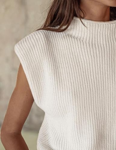 HOOEVER WOMEN’S TURTLENECK SLEEVELESS KNITTED TANK TOPS SHOULDER PADS SWEATER VEST(WHITE-XS)