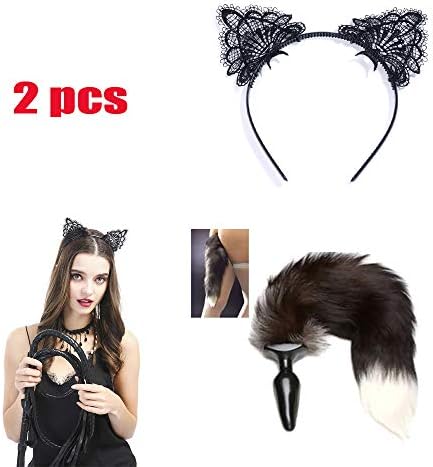 MDZI Massaging Wand Plug Anale Cosplay Toy Super Long Fox Tail Back Court Metal Fox Tail Plug Headband Headwear 2 PCS for Prom Party Costume Cosplay Kit BLACK&B –Hypoallergenic