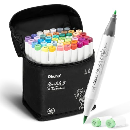 Ohuhu Marcadores de alcohol, pincel y punta fina, set de 48 colores para dibujo artístico, ilustración y coloreado para adultos - Honolulu B - Recargable