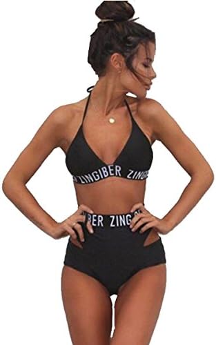 Kissprom Cute Tie Up Halter High Waist 2 Pieces Bikini Swimwear for Girls Letter Printed Beachwear for Teens