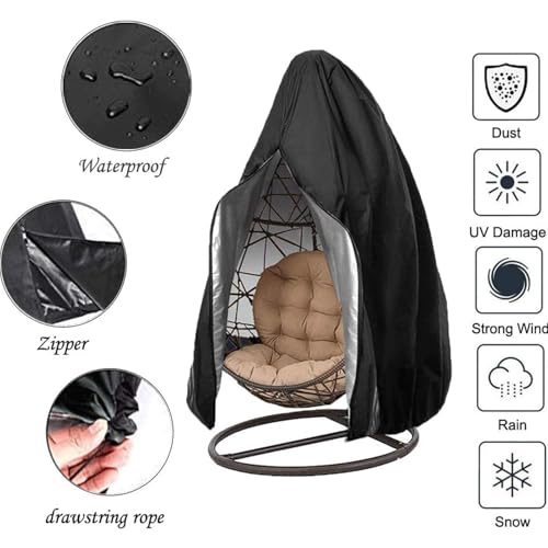 EASYBUYTECH Patio Egg Chair Covers with Zipper, Wicker Egg Swing Chair Covers, Waterproof Heavy Duty Weather Resisatnt Outdoor Chair Cover, Windproof Hanging Chair Cover, 190 x 115cm, Black