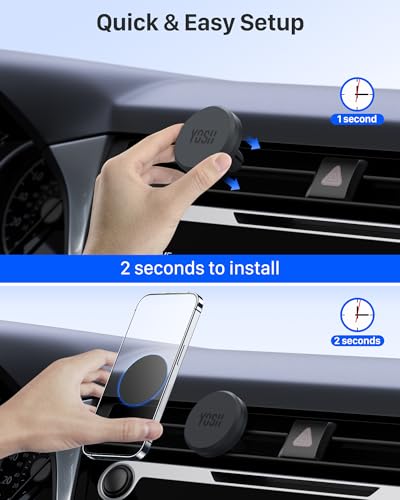 YOSH Car Phone Holder, Magnetic Phone Holder with Strong Upgraded Magnets, Super Stable Air Vent Cradle Compatible with iPhone & Samsung Includes Metal Plates, Car Accessories