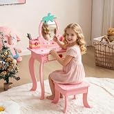 Karl home Kids Vanity Table and Chair Set, Pink | Princess Vanity Set with Cute Fruit Print &amp; Stool, Wooden Pretend Play Makeup Dressing Table for Toddlers