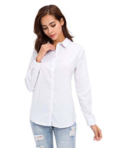 LUSMAY Womens Button Down Basic Official Shirts Long Sleeve Simple Formal Blouse Tops White