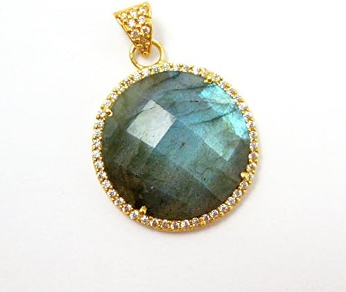 22K Gold plated Sterling Silver Pave Bezel Gemstone Pendant -Labradorite Gemstone - Large Round Coin CZ Pave Vermeil Necklace Pendant -21mm