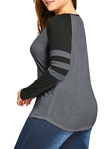 Imysty Plus Size Womens Tops Long Sleeve Sexy V Neck Striped Raglan Henley Shirts Blouse (XX-Large, Grey) - Thumbnail 2