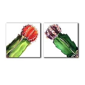 2 Panel Square Canvas Wall Art - Watercolor Style Colorful Cactus - Giclee Print Gallery Wrap Modern Home Art Ready to Hang - 12"x12" x 2 Panels