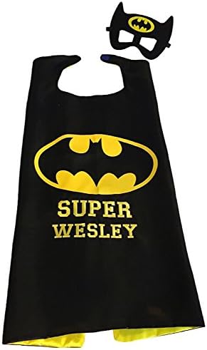 Personalized Superhero Cape and Mask Set by Thimbleful Threads (Boy Bat cape with yellow embroidery)