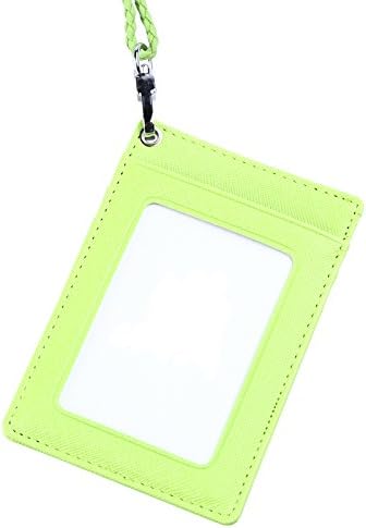 Color Basic ID Card Badge Holder PU Leather - 1 ID Window 3 Card Slot and Twisted Lanyard for Men Women (Lime)