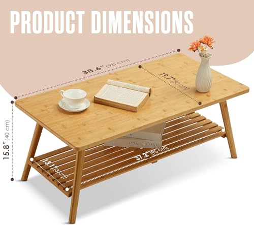 Hcosmy No Assembly Bamboo Coffee Table, 2-Tier Tea Table with Storage Shelf, Japanese Living Room Table, Space Saving Side End Table for Living Room Home Office