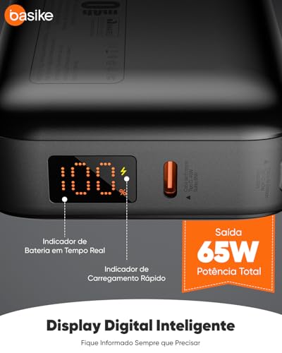 Basike Power Bank 65W, Carregador Portátil Universal 20000mAh, USB-C + Cabo Type-C Integrado e Removível, Carregamento Rápido PD/PPS para Samsung Séries S26-S21 e iPhone Séries 17-14 – Cinza