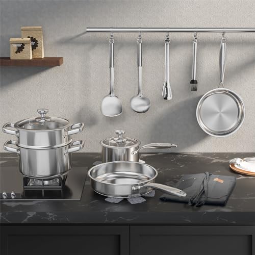 Tieplis 16-Piece Stainless Steel Pots and Pans Set, Non-Toxic Cookware Set with Steamer & Visual Lid, Kitchen Induction Cookware with Utensil Sets, Pot Protectors and Apron for Oven & Dishwasher Safe