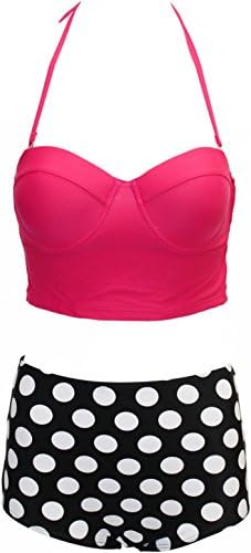 Vintage-Inspired Retro Pinup Girl Style High Waist Bikini Swimwear Set (Small, Bright Pink Padded Bustier Top with Black &amp; White Polka Dot High Waist Bottom)