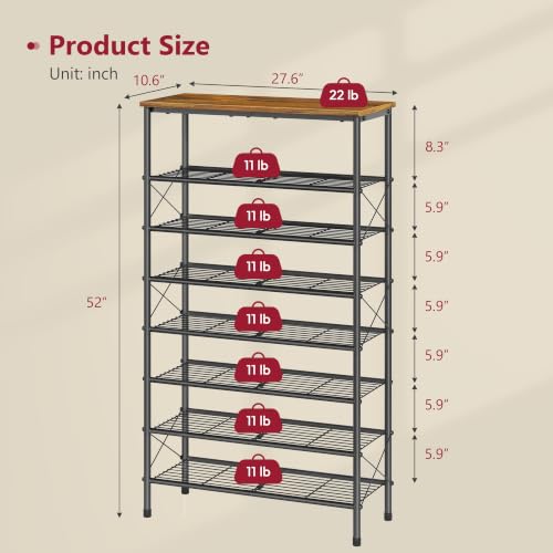 Tajsoon 8 Tier Free Standing Shoe Rack for 28-32 Pairs, X Shape Fixed Frame Metal Mesh Shoe Rack for Closet, Rustic Brown & Black