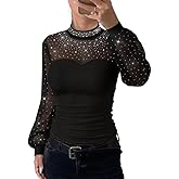Ninimour Women Rhinestone Top Mock Neck Lantern Long Sleeve Shirt Sheer Mesh Spliced Tee Hollow-Out Back Slim Fit Top