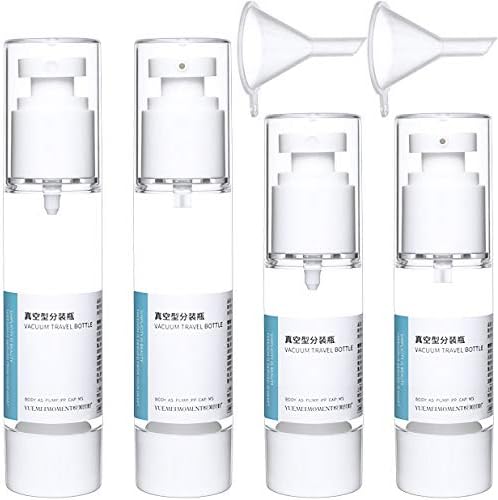 AnFun 4 Pcs Travel Size Empty Plastic Vacuum Piston Emulsion Mist Spray Bottles with 2 Funnels, Transparent Makeup Water Toner Lotion Storage Sprayer Portable Refillable Tube Cosmetic Container Jar