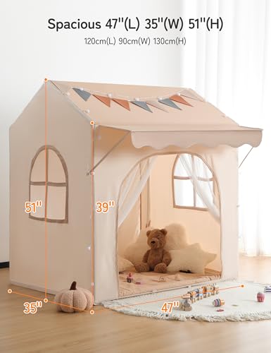 Besrey 2-in-1 Kids Play Tent with Canopy for Indoor and Outdoor Use with Lights, Bunting and Mat, Large Design for Reading and Creative Games - Ideal Christmas Gift for Kids