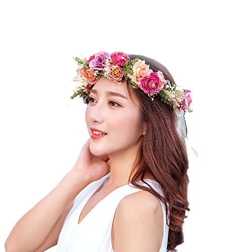 Adjustable Flower Headband Hair Wreath Floral Garland Crown Headpiece with Ribbon for Wedding Ceremony Party Festival