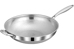 Evolkult Titanium Hammered Wok with Lid, No Coating Non-Stick Stainless Steel Cookware, Induction Compatible, Scratch Resista