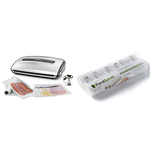 Foodsaver FFS016X, Steel + FSR2802-I Vakuum-Rollen 2 Stück 28x550 cm / Folienrollen für Lebensmittel / Vakuumierer…