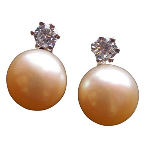 Helan Women's 9-10mm Oblate Freshwater Pearl Earring with CZ Diamond Sterling Stud Pink