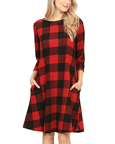 Sunm boutique Women's Casual Loose Long Sleeve Checkered Plaid Swing T-Shirt Dress With Pocket (XL, Red)