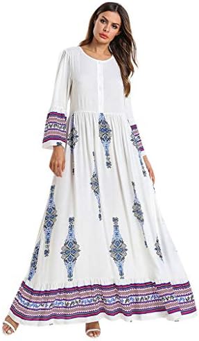 TTINAF Women Muslim Robe Maxi Dress, Vintage Floral Flare Sleeve Button Kaftan Long Dresses Abaya Islamic Swing Caftan Gowns (2XL, White)
