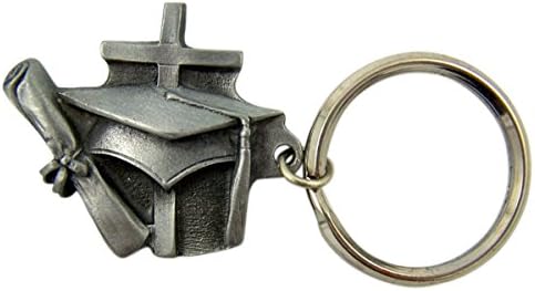 Fine Pewter Graduation Cab and Diploma Cross Key Chain, 1 3/4 Inch