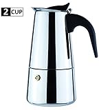 2-Cup Stovetop Espresso Moka Coffee Maker Pot - Best Polished Stainless Steel Coffee Percolator with Permanent Filter and Heat Resistant Handle - Ideal to Brew Coffee in Your Home Kitchen and Office