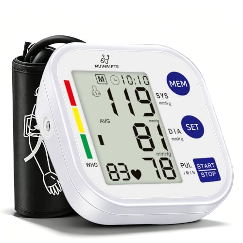 MUINAIFTE Baumanómetro Digital Monitor de Presión Arterial（Blanco） | Brazalete Ajustable 22-36 cm，Baumanómetro Digital con Indicador de Voz Pantalla LCD Grande con Función de Memoria