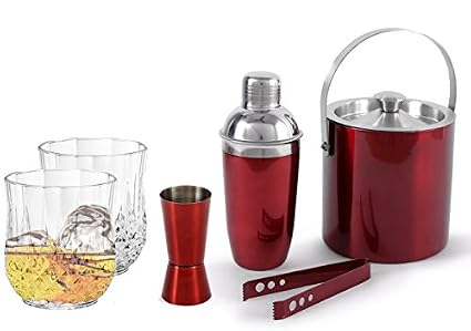 King International Stainless Steel Red Bar Set Of 6 Pieces-1 Ice Bucket,1 Tong,1 Peg Measure,1 Cocktail Shaker,2 Whisky Glasses 250ML