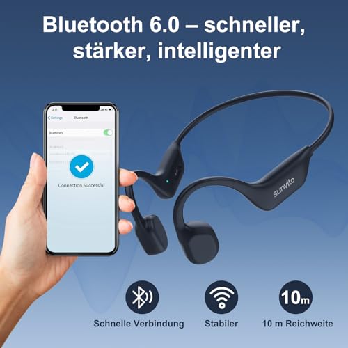 sunvito Knochenschall Kopfhörer Bluetooth 6.0, offene Bluetooth-Funkkopfhörer für Sport, wasserdichte, leichte Ohrhörer mit Ohrstöpseln für Laufsport, Fitnessstudio, Radfahren, schwarz