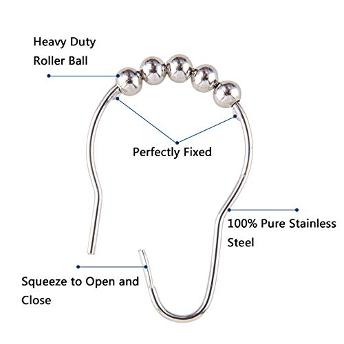 Bamyko 12PCS Shower Curtain Hooks Rings, Shower Curtain Rings, Stainless Steel Metal Glide Shower Hooks Rings for Bathroom Shower Rods Curtains - Polished Chrome