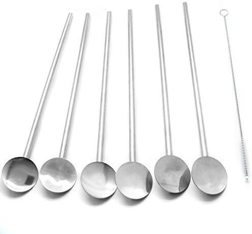 Fine Stainless Steel Reusable Spoon Drink Straw Set Long Spoons/Stirrer Flatware for Your Home 6PCS Value Set with Free Cleaner by Eshome