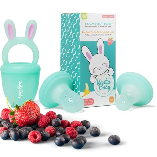 Vesta Baby Fruit Feeder - 2 Sizes Soft Silicone Freezable Fresh Food Nibbler for Safe Infant Self Feeding - Solid Foods Weaning Pacifier & Teether Set - Bunny Teething Relief Toy for Babies 4M+