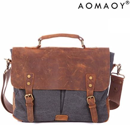 AOMAOY Men's Retro Genuine Leather Canvas School College Messenger Briefcase Satchel Handbag iPad Bag (Dark Grey)
