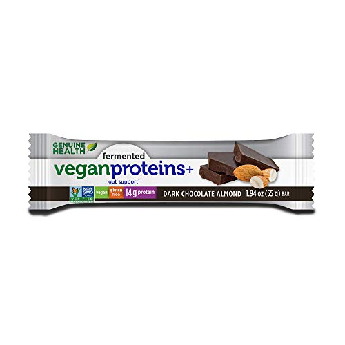 Genuine Health Fermented Vegan Proteins+ Bar, Dark Chocolate Almond, High Protein Bar, Low Carb, Low Sugar, Vegan, Gluten Free, 12 Count