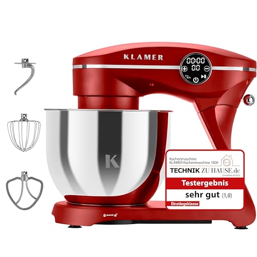 KLAMER Küchenmaschine 1800W, Knetmaschine Brotteig mit Edelstahl-Rührschüssel 6 L, 10 Stufen mit Timer, Planetenrührwerk, Rührbesen, Knethaken, Schnee