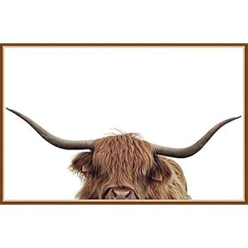 This Happy Home 17x11 Highland Cattle with Long Horns Poster, Half Face Nordic Print, Scottish Cow, Animal Artwork for Walls, White and Natural with Filter, Landscape 17 x 11 (Print Only)