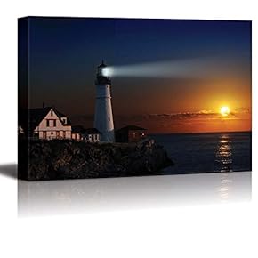 Canvas Prints Wall Art - Portland Headlight Light House at Dawn | Modern Wall Decor/Home Decoration Stretched Gallery Canvas Wrap Giclee Print. Ready to Hang - 12" x 18"